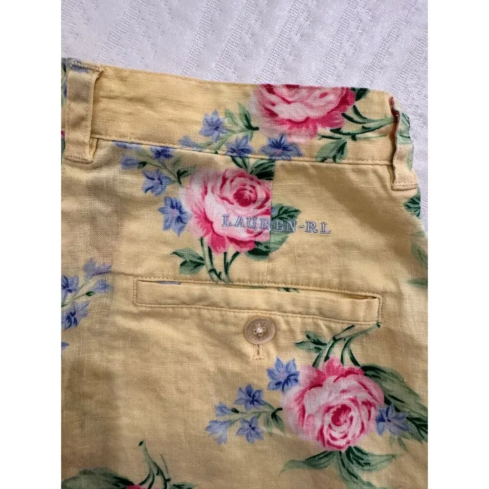 Lauren Ralph Lauren High Rise Shorts Yellow Floral Linen Women's ~24.5" Cottage - Picture 5 of 12